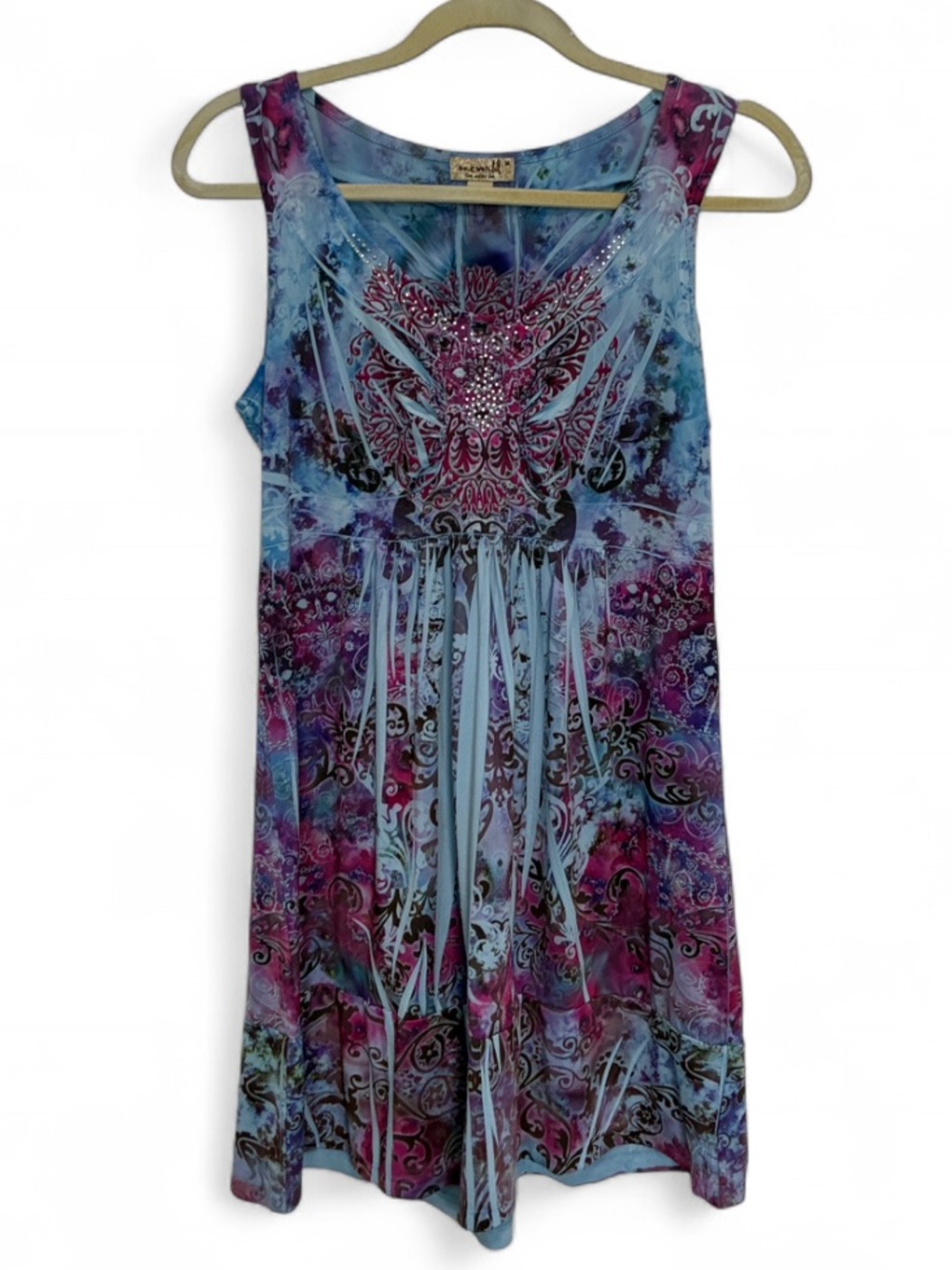 Y2K ONE WORLD Pink & Blue Boho Mosaic Sleeveless Mini Dress